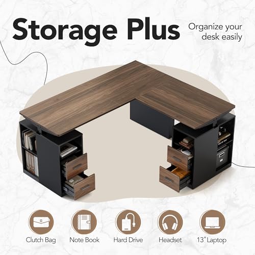 HUANUO 63 Inch L Shaped Standing Desk, Electric Executive Height Adjustable Desk with Storage Drawers, Reversible Design Computer Workstation for Home Office, Black Walnut HUANUO