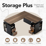 HUANUO 63 Inch L Shaped Standing Desk, Electric Executive Height Adjustable Desk with Storage Drawers, Reversible Design Computer Workstation for Home Office, Black Walnut HUANUO