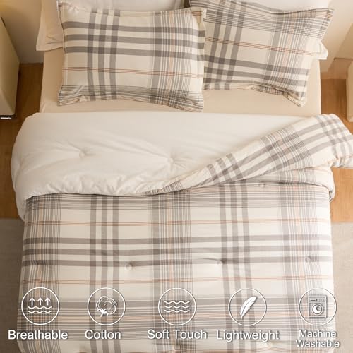 hadamick 100% Cotton Comforter Set Twin Size – Reversible Yarn-Dyed Checkered Design, Soft Washed Cotton on Both Sides, Lightweight All-Season Bedding, Machine Washable(Grey White Plaid, 68”x90”) hadamick