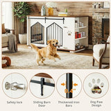 IRONCK Large Dog Crate Furniture with 2 Rotatable Dog Bowls, Wooden Dog Kennel with 2 Adjustable Shelves, Barn Doors Decorative Pet Cage Dog House as TV Stand, White IRONCK
