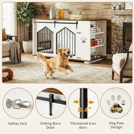 IRONCK Large Dog Crate Furniture with 2 Rotatable Dog Bowls, Wooden Dog Kennel with 2 Adjustable Shelves, Barn Doors Decorative Pet Cage Dog House as TV Stand, White IRONCK