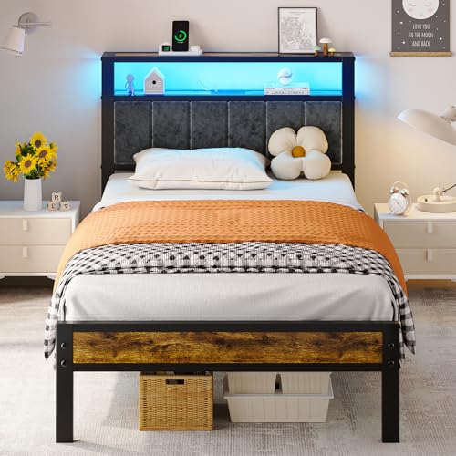 Liians Twin Size Platform Bed Frame with LED Lights, Grey Upholstered Headboard with 2-Tier Storage Shelves, Charging Station, Noise Free, No Box Spring Needed, Easy Assemably Liians