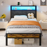 Liians Twin Size Platform Bed Frame with LED Lights, Grey Upholstered Headboard with 2-Tier Storage Shelves, Charging Station, Noise Free, No Box Spring Needed, Easy Assemably Liians
