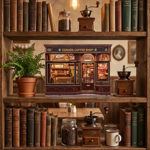 Fsolis Book Nook Kit - DIY 3D Wooden Puzzles for Adults Coffee House Model Booknook Bookstore Mini House Building Kit Gifts for Women Readers Book Lovers (Corner Coffee Shop)