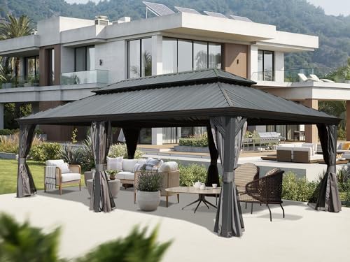 Domi 14x22FT Hardtop Gazebo, Permanent Outdoor Gazebo with Galvanized Steel Double Roof and Aluminum Frame, Curtain and Netting, Large Pavilion Gazebo for Patio Deck Garden, Grey domi outdoor living