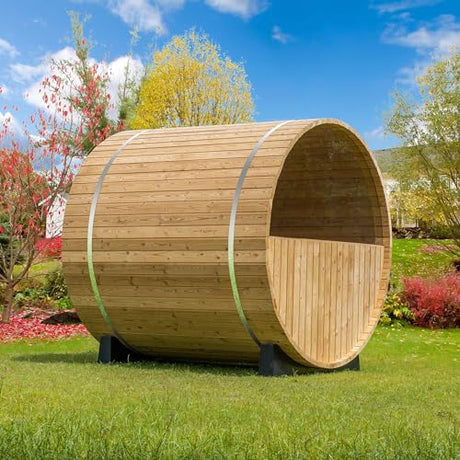 WOODBRIDGE 2-Person Luxury Finland Thermo Pine Outdoor Barrel Sauna with Half View Window,Harvia Electric Heater with Sauna Stone, Sauna Accessories Kit and Asphalt Shingle Roof, 4'x6', OBS1812 WOODBRIDGE