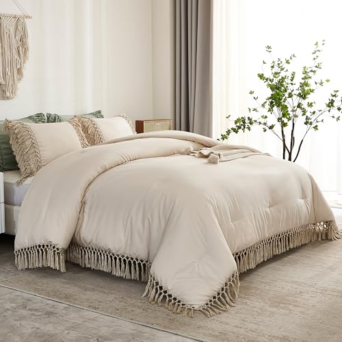 Andency King Size Comforter Set Beige, 3 Pieces Boho Tassel Lightweight Soft Bedding Comforter Sets for King Bed, All Season Fluffy Bed Set (104x90In Comforter & 2 Pillowcases) Andency