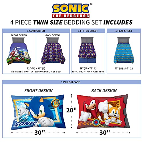 Franco Kids Bedding Super Soft Comforter and Sheet Set, 4 Piece Twin Size, Sonic The Hedgehog, Anime Franco
