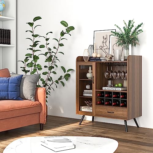 LOKO Wine Bar Cabinet, Farmhouse Coffee Bar Cabinet with Tempered Glass Door, 3-Row Glass Holder & 8-Grid Wine Rack, Buffet Sideboard with Wine Display, Rustic Brown - WoodArtSupply