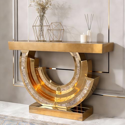 Goujxcy Brown Mirrored Console Table Luxury Entryway Table with Crystal Diamond Base, Sparkling Glass Accent Sofa Table for Entryway/Foryer/Corridor/Living Room (42.9" L x 11.8" W x 31.5''H) Goujxcy