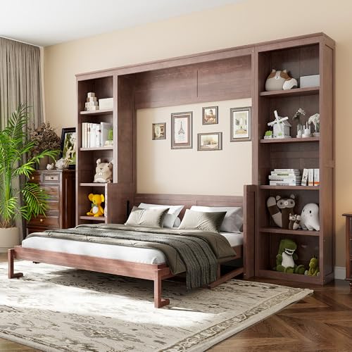 SOFTSEA Queen Murphy Bed with Desk and Storage, Wood Foldable Wall Bed Frame with Bookcase Shelves, Hidden Wall Bed Cabinet for Adult, Guest Room, Dark Brown SOFTSEA