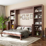 SOFTSEA Queen Murphy Bed with Desk and Storage, Wood Foldable Wall Bed Frame with Bookcase Shelves, Hidden Wall Bed Cabinet for Adult, Guest Room, Dark Brown SOFTSEA