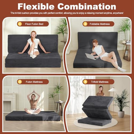 6-Inch Tri-Fold Foldable Mattress, Folding Sofa Bed with Removable Washable Cover, Portable Futon Mattress Full Size Floor Guest Mat with Non-Slip Bottom & Carry Handles for Camping (Grey, Queen) AOLVDOW