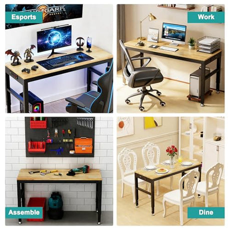 48" Heavy Duty Workbench, Solid Wood Working Bench Adjustable Height Rolling Work Tables with Power Outlets for Home Office, 1800 Lbs Capacity (Rubber Pad丨48 x24 丨Socket) Hombanyan