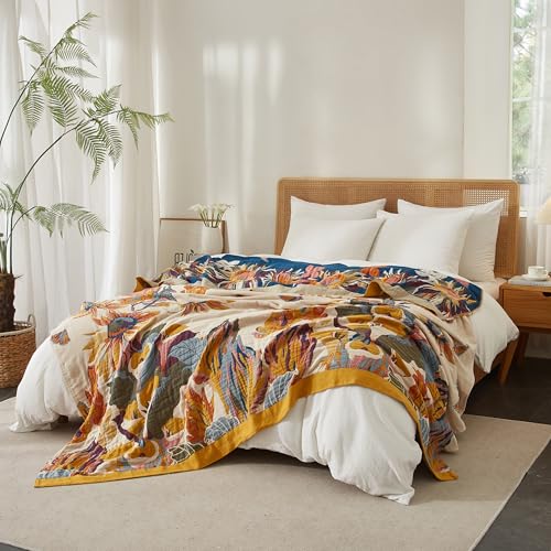 Boho Throw Blanket for Bed 60”x80”, 100% Cotton Woven Blanket for Couch Sofa, Ultra Soft 4-Layer Muslin Quilt with Floral Printed, Farmhouse Bed Blanket/Cover for Living Room Decor SE SOFTEXLY