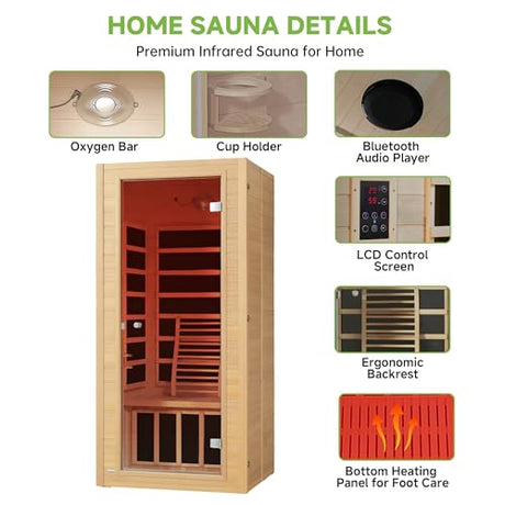 Real Relax Far Infrared Sauna for Home, 1 Person Indoor Home Sauna Low Emf, Canadian Hemlock Wooden Dry Saunas Room with Bluetooth Speakers, 9-Color Light Therapy, 1574w/110v for Personal Spa Real Relax