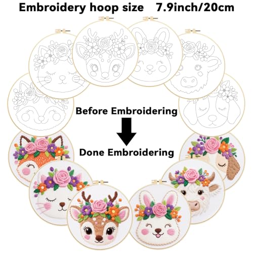 ORIGACH 6 Pack Animals & Floral Crown Embroidery Kits for Beginners, DIY Starter Hand Embroidery Kit with Floral and Dog Rabbit Fox Patterns and Instructions for Adults Women Crafting
