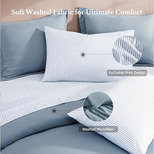 Monbix Queen Comforter Set - 7 Pieces Dusty Blue Prewashed Bed in a Bag Queen Bedding Sets with Comforters, All Seasons Ultra Soft Comforter Bed Set with Sheets,Pillowcases & Shams Monbix