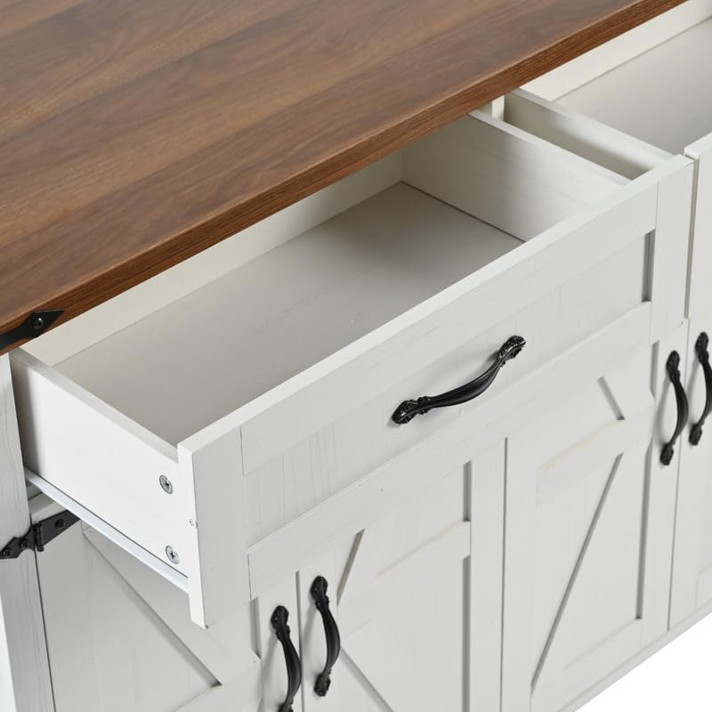 53.5''Farmhouse Kitchen Island with Power Outlet, Kitchen Storage Island with Drop Leaf, Spice Rack and Drawer, Rolling Kitchen Cart on Wheels, for Home, Kitchen and Dining Room HomeGearTech