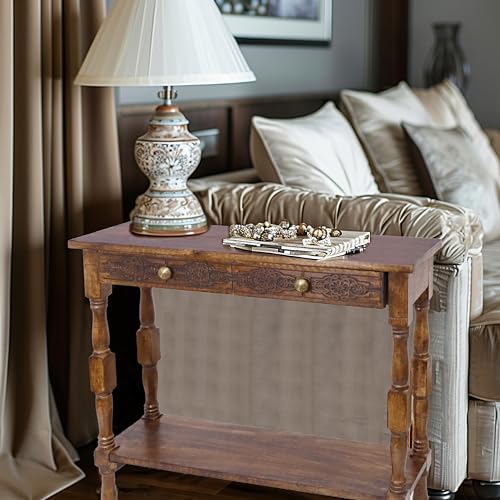 COTTON CRAFT Solid Wood Accent Console Table - Hand Carved Sofa Table - Hallway Entryway Two Drawers Small Space Transitional Traditional Farmhouse Easy Assembly - 36 W x 32 H x 11 D - Antique Brown COTTON CRAFT