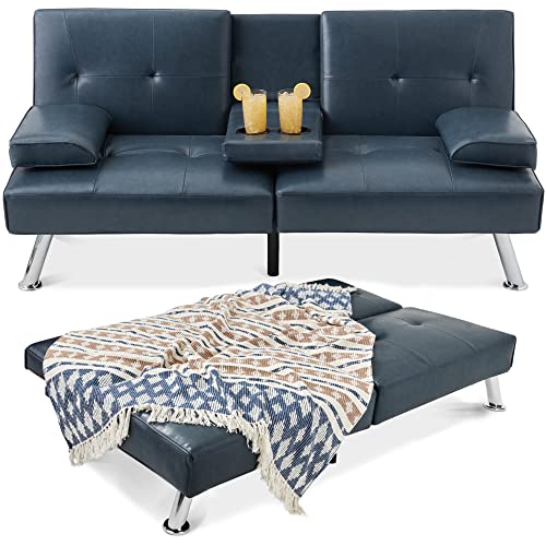 Best Choice Products Faux Leather Upholstered Modern Convertible Futon, Adjustable Folding Sofa Bed, Guest Bed w/Removable Armrests - Blue Best Choice Products