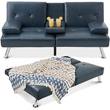 Best Choice Products Faux Leather Upholstered Modern Convertible Futon, Adjustable Folding Sofa Bed, Guest Bed w/Removable Armrests - Blue Best Choice Products