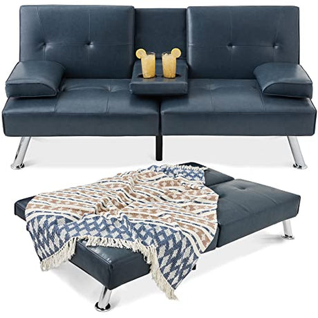 Best Choice Products Faux Leather Upholstered Modern Convertible Futon, Adjustable Folding Sofa Bed, Guest Bed w/Removable Armrests - Blue Best Choice Products