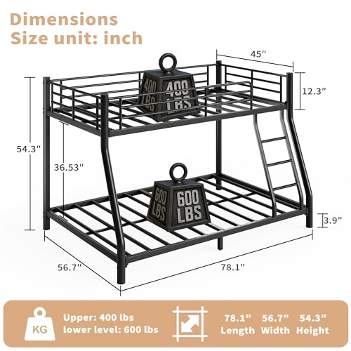 HomJoones Metal Twin Over Full Size Bunk Bed for Adults & Kids,Twin Over Full Bunk Beds, Low Profile Bunkbeds with Length Guardrail and Ladder, No Box Spring Needed,Space Saving HomJoones