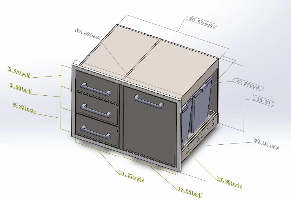 Outafurnia Outdoor Kitchen Drawer Combo 28" W x 19.6“D x 20.1" H,Access Trash Drawer Combo with Stainless Steel Handles Outdoor Kitchen Triple Drawer for BBQ Island,Grilling Station