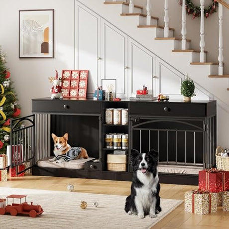 GAOMON Dog Crate Furniture for 2 Dogs, 78.7'' Large Dog Kennel Indoor with 2 Storage Drawers, 3 Shelves and Feeding Bowls, Double Dog Crate TV Stand for Small and Medium Dogs, Black GAOMON
