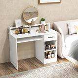 IFANNY Computer Desk with Drawers, Study Table with Storage Shelves, Keyboard Tray, Power Outlet, Wood Makeup Vanity Table, Small Desk for Bedroom, Study, Living Room, Home Office (White, 35.5''H) IFANNY