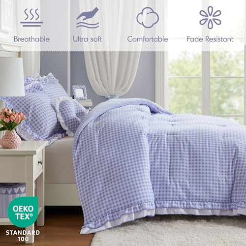 Intelligent Design Rowena Full Comforter Set – Blue Gingham Ruffled Bedding, Vintage Farmhouse Style, Reversible All Season 4-Piece Bedding Set, Full/Queen, Gift for Her Intelligent Design