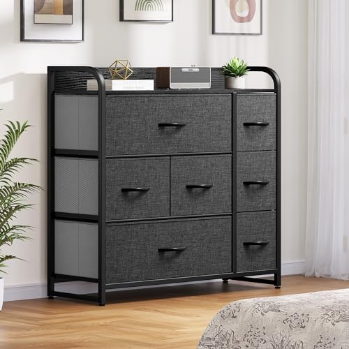 DWVO 7 Drawers Dresser, Organizer Unit for Bedroom, Fabric Dresser Storage Tower for Hallway, Entryway, Closets, Sturdy Steel Frame, Wooden Top