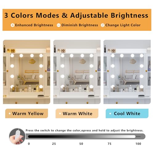 Wodeer Vanity Desk with Mirror and Lights, 43" White Makeup Vanity Set with 5 Drawers & Glass Cabinets, Makeup Tray, Power Outlet & Adjustable LED Lights, Dressing Table for Women & Girls Bedroom Wodeer