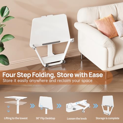 JYLH JOYSEEKER Foldable Mobile Standing Desk, 90 Tiltable Rolling Standing Desk, Height Adjustable Portable Laptop Workstation for Home Office, Easy to Fold, White JYLH JOYSEEKER