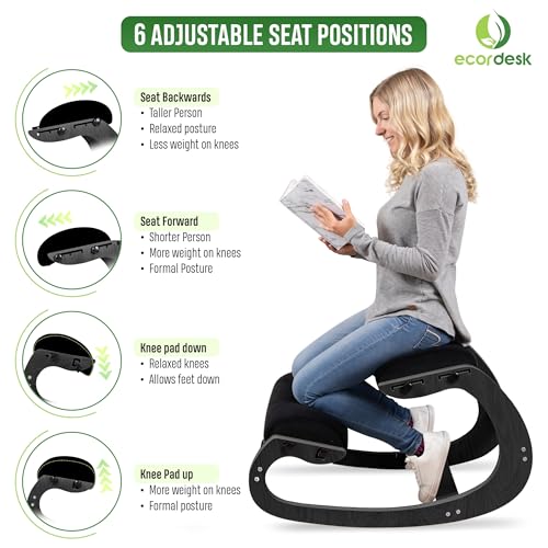 Ecordesk Ergonomic Kneeling Chair, Adjustable Seat - Office Chair for Desk, Posture Corrector, Premium Comfort Cushion, Wooden Rocking Knee Chair (Black Frame) Ecordesk
