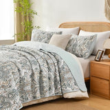 Grand Linen 3 Piece Oversized Lightweight All-Season Paisley Design Quilt Set, King Size, 115” Wide x 95” Long, Soft Microfiber Bedspread with 2 Shams, Blue, Grey and Brown Colors, Reversible Coverlet Grand Linen