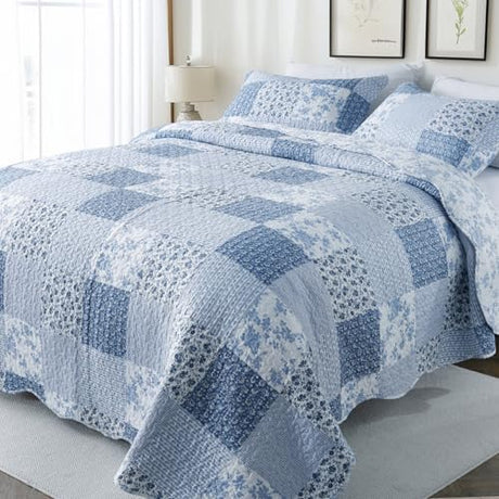 GOONE King Quilt Set 104x90 Inches, Blue Floral Boho Bedspread Farmhouse Quilting Bedding Set, Lightweight Washed Coverlet Set, Reversible Bed Cover, Quilt King Size with 2 Pillow Shams All-Season GOONE