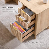 T4TREAM 60'' Fluted Executive L Shaped Desk, Modern Home Office Desk with Charging Station and File Drawer, Computer Corner Desks with Drawers & Storage Cabinet for Office Home, Bedroom, Natural Oak T4TREAM