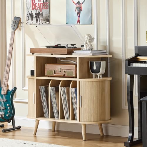 LELELINKY Large Round Record Player Stand with Charging Station & Fluted Display Shelf, Natural Mid Century Modern Turntable Cabinet with Vinyl Storage, Arched Wood Record Player Table for Living Room LELELINKY