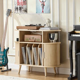 LELELINKY Large Round Record Player Stand with Charging Station & Fluted Display Shelf, Natural Mid Century Modern Turntable Cabinet with Vinyl Storage, Arched Wood Record Player Table for Living Room LELELINKY