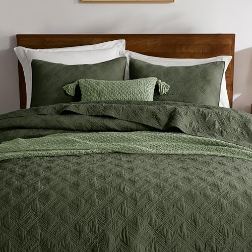 WDCOZY 100% Cotton Queen Size Quilt Set - Olive Green Pre-Washed Soft Lightweight Modern Bedspread, Farmhouse Country Rustic Coverlet, Textured Like Linen, Shabby Chic Gauze Bedding, 3 Pieces WDCOZY