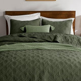 WDCOZY 100% Cotton Queen Size Quilt Set - Olive Green Pre-Washed Soft Lightweight Modern Bedspread, Farmhouse Country Rustic Coverlet, Textured Like Linen, Shabby Chic Gauze Bedding, 3 Pieces WDCOZY