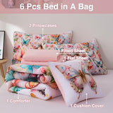 A Nice Night 6pcs Bed in A Bag Pink and Blue Dreamy 3D Various Butterfly Printed, Colorful Butterflies Flying in Flower Design Bedding Full Comforter Set, for Girls Kids Teens A Nice Night