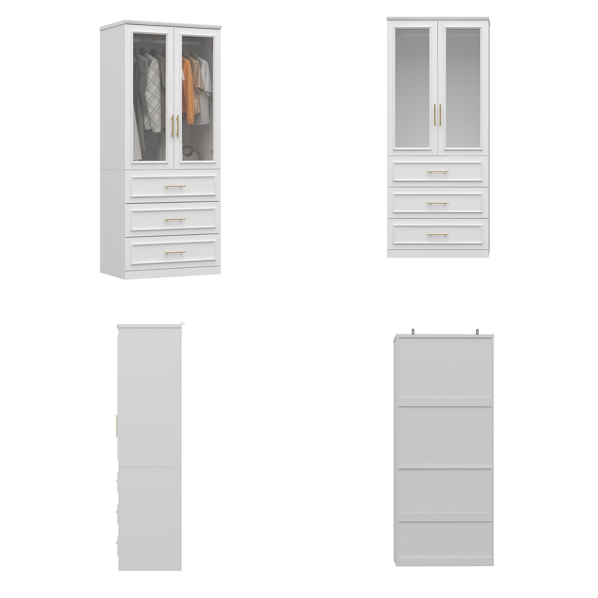 FUFU&GAGA Wardrobe Closet with Glass Doors, Modern White Bedroom Armoire with Gold Handles, Modern Clothes Storage Cabinet with 3 Drawers, Hanging Rod, 31.7”W x 19.3”D x 74.8”H FUFU&GAGA