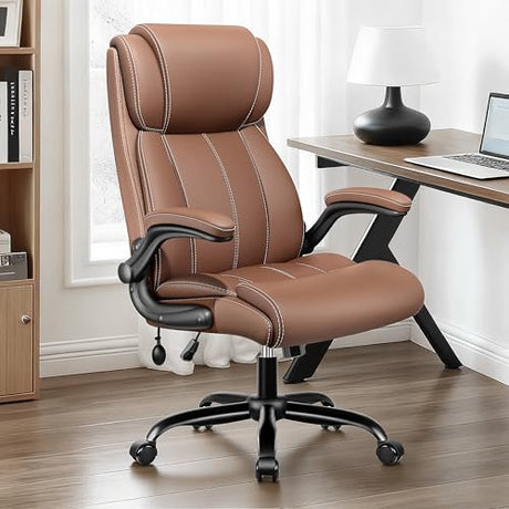 BESTFAIR Ergonomic Office Chair - Home Desk Computer Chair, Leather High Back Executive Chairs with Adjustable Lumbar Support & Flip-up Arms, Rocking Swivel Comfy, Brown BESTFAIR
