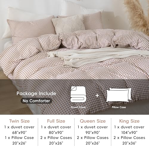 YHJWW Tan Gingham Duvet Cover Bedding Set Prewashed Extra Soft Comfy Breathable 3 Piece Brown Plaid Checkered Grid Vintage Comforter Cover Set Cute Aesthetic (King 104"x90", No Comforter) YHJWW