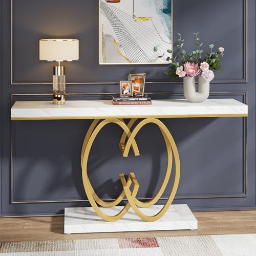 LITTLE TREE 55-Inch Gold Console Table for Entryway, Modern Faux Marble Foyer Table with Geometric Metal Legs, Narrow Long Sofa Table for Living Room LITTLE TREE