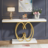 LITTLE TREE 55-Inch Gold Console Table for Entryway, Modern Faux Marble Foyer Table with Geometric Metal Legs, Narrow Long Sofa Table for Living Room LITTLE TREE