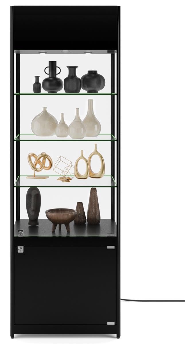 Displays2go 72" Curio Cabinet, 4 Display Levels, LED Top Lighting, Locking Door and Storage Base - Black (SCTWRLD24) Displays2go